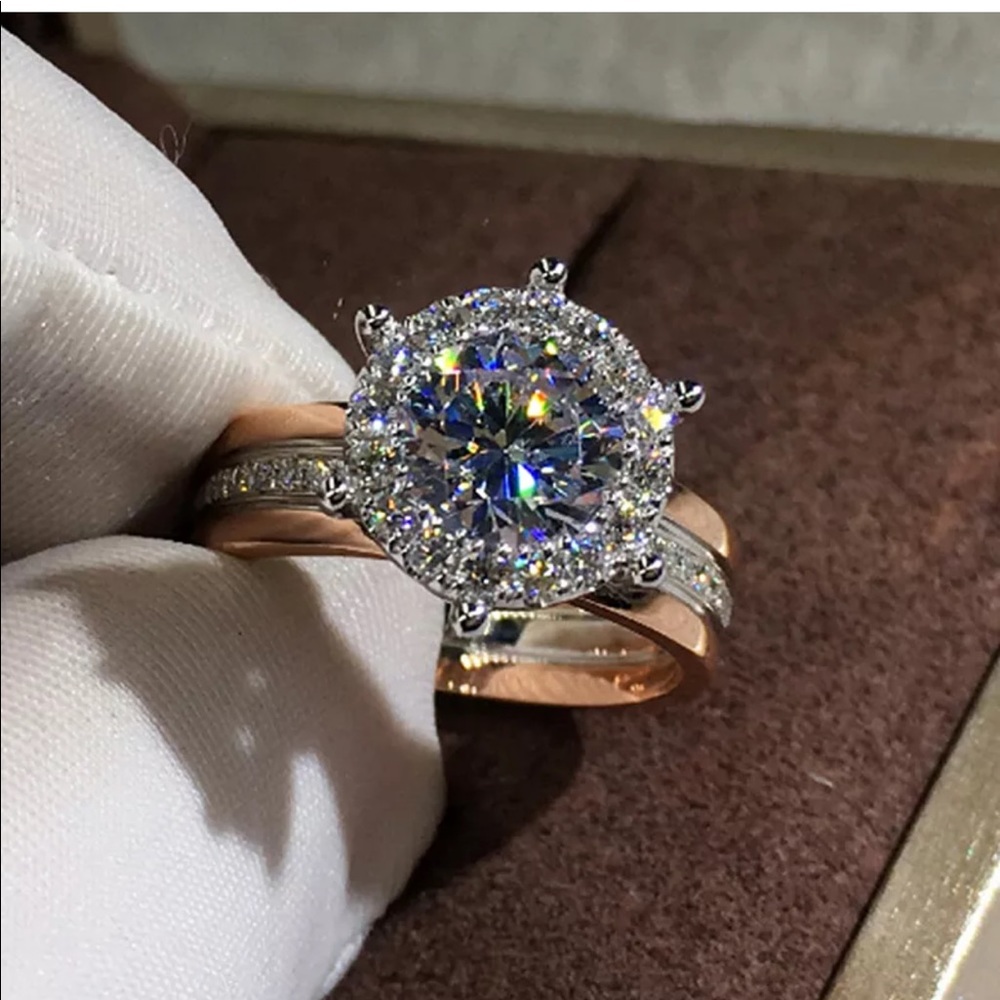 New Two Tone 925 Silver Women White Sapphire Ring